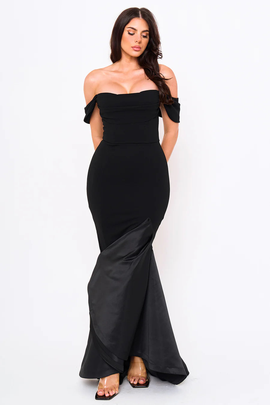 Vestido de Noche Off Shoulder con Detalle Satín