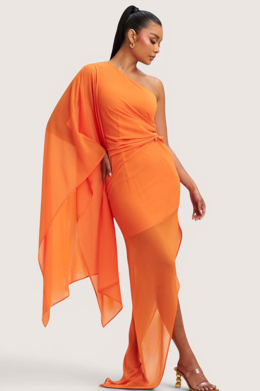 Vestido Vaporoso una Manga capa Naranja.
