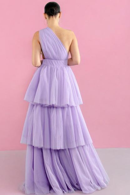 Vestido Largo Tul corto largo Falda Capas un hombro lila