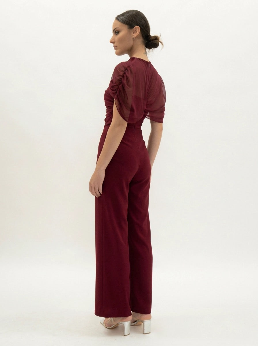 Jumpsuit vino drapeado de mesh — frente