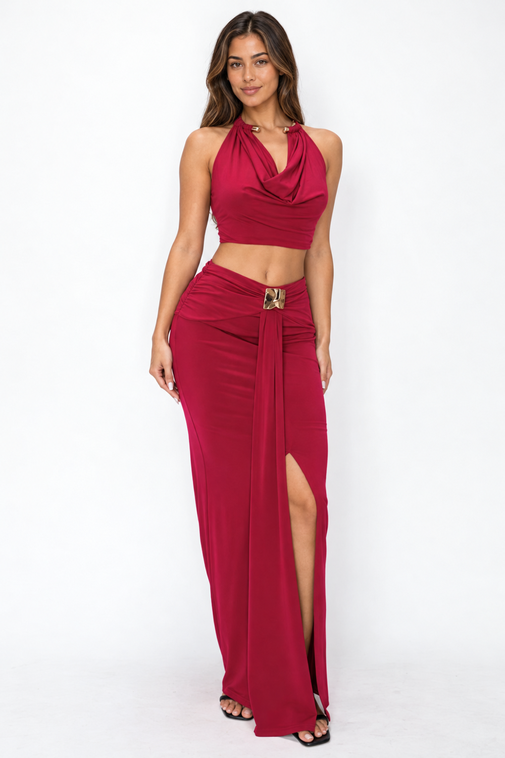 Pink Shop by MAF Conjunto de top halter drapeado y falda larga con abertura vino tinto, portada