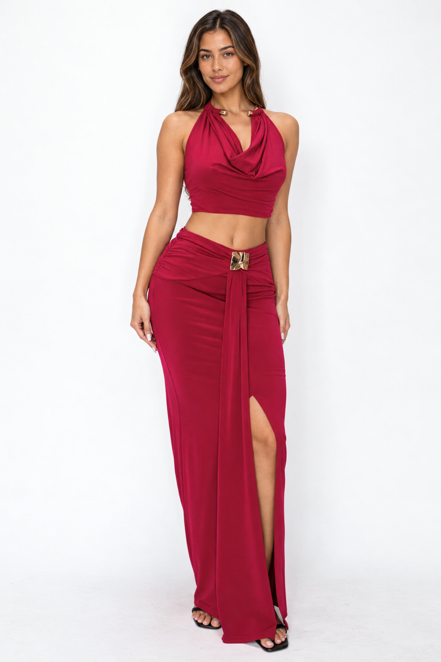 Pink Shop by MAF Conjunto de top halter drapeado y falda larga con abertura vino tinto, portada