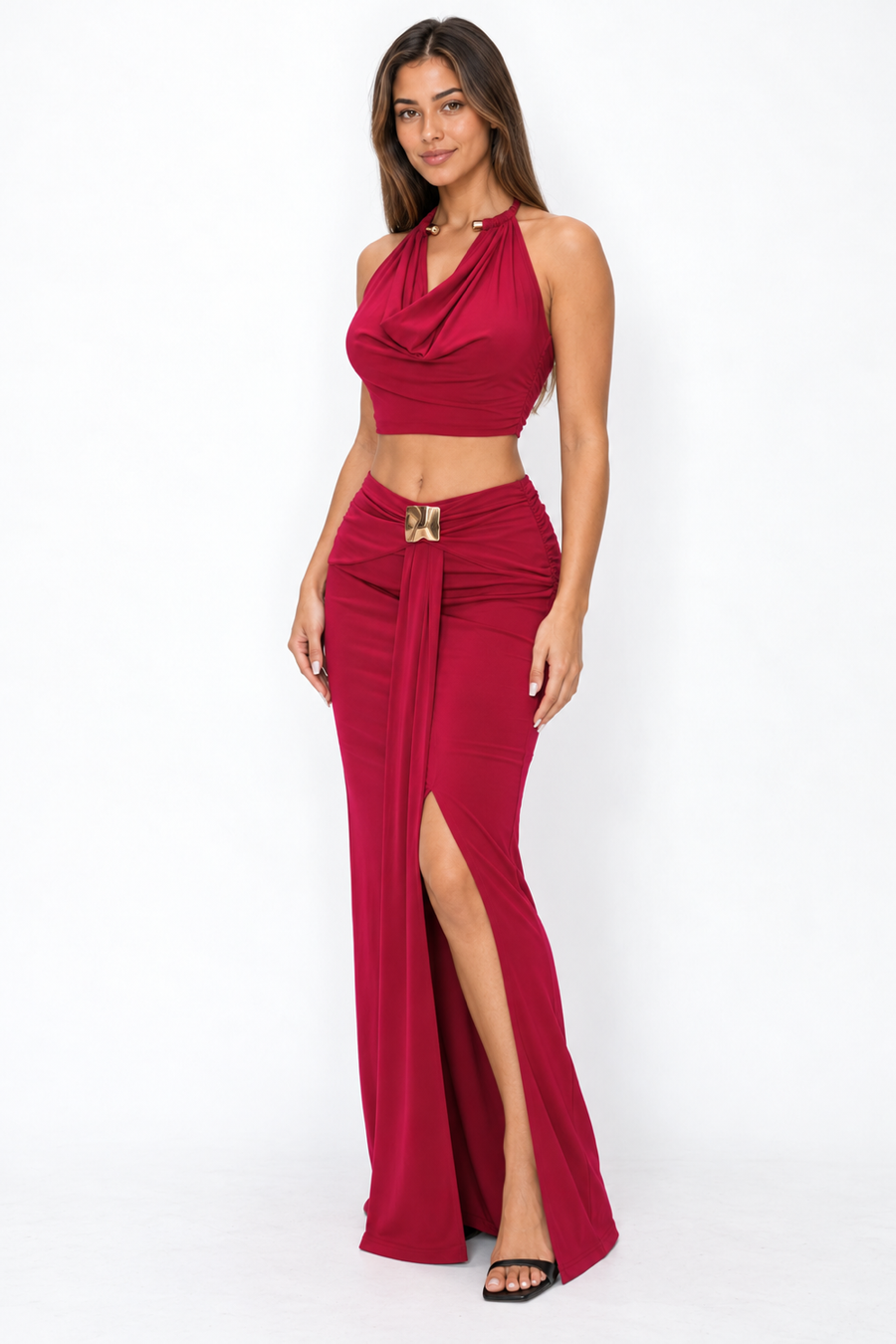 Pink Shop by MAF Conjunto de top halter drapeado y falda larga con abertura vino tinto, tres cuartos