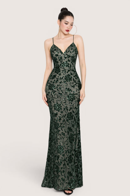 Vestido Largo Verde Olivo con Bordado Floral y Lentejuela