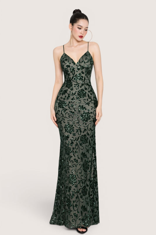 Vestido Largo Verde Olivo con Bordado Floral y Lentejuela
