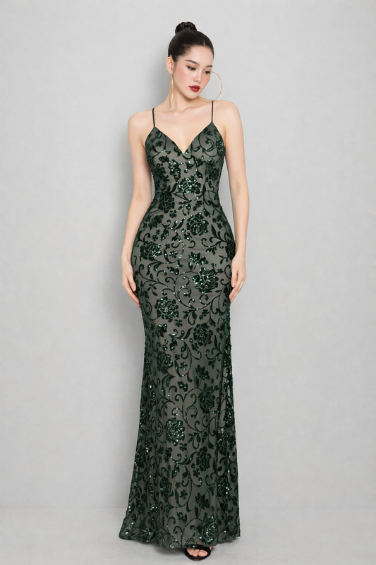 Vestido Largo Verde Olivo con Bordado Floral y Lentejuela