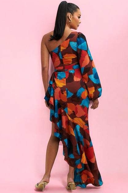 Vestido satinado una manga Colores shedron