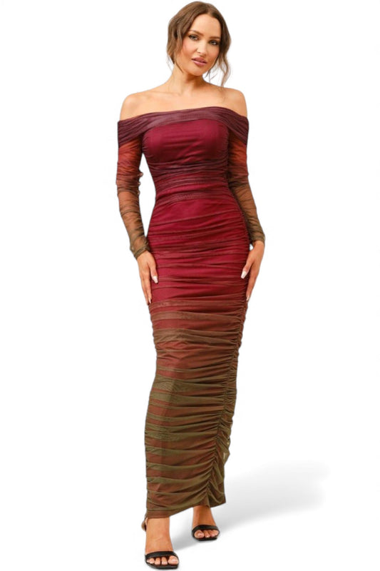 Vestido “Wine Glow” Off Shoulder Degradé