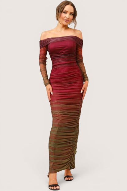 Vestido “Wine Glow” Off Shoulder Degradé