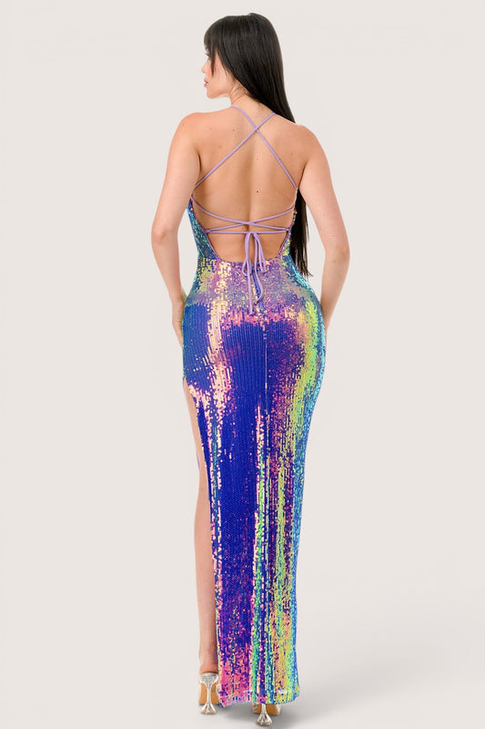 Vestido Largo Pegado escote corazon Lentejuela tornasol purpura