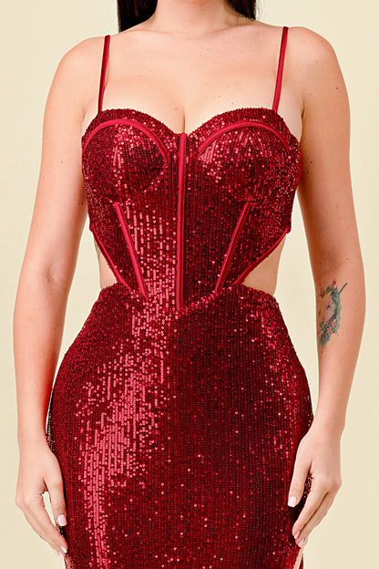 Vestido Largo Pegado Escote Corazon Lentejuela Rojo