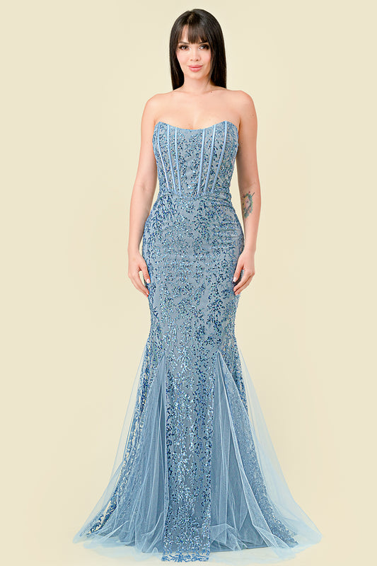 Vestido Sirena escote Recto con Brillos