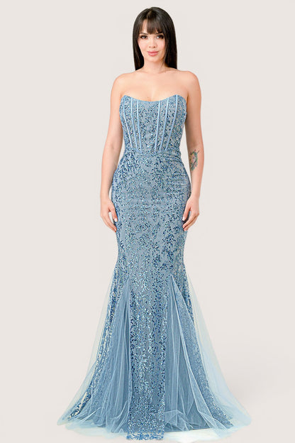 Vestido Sirena escote Recto con Brillos