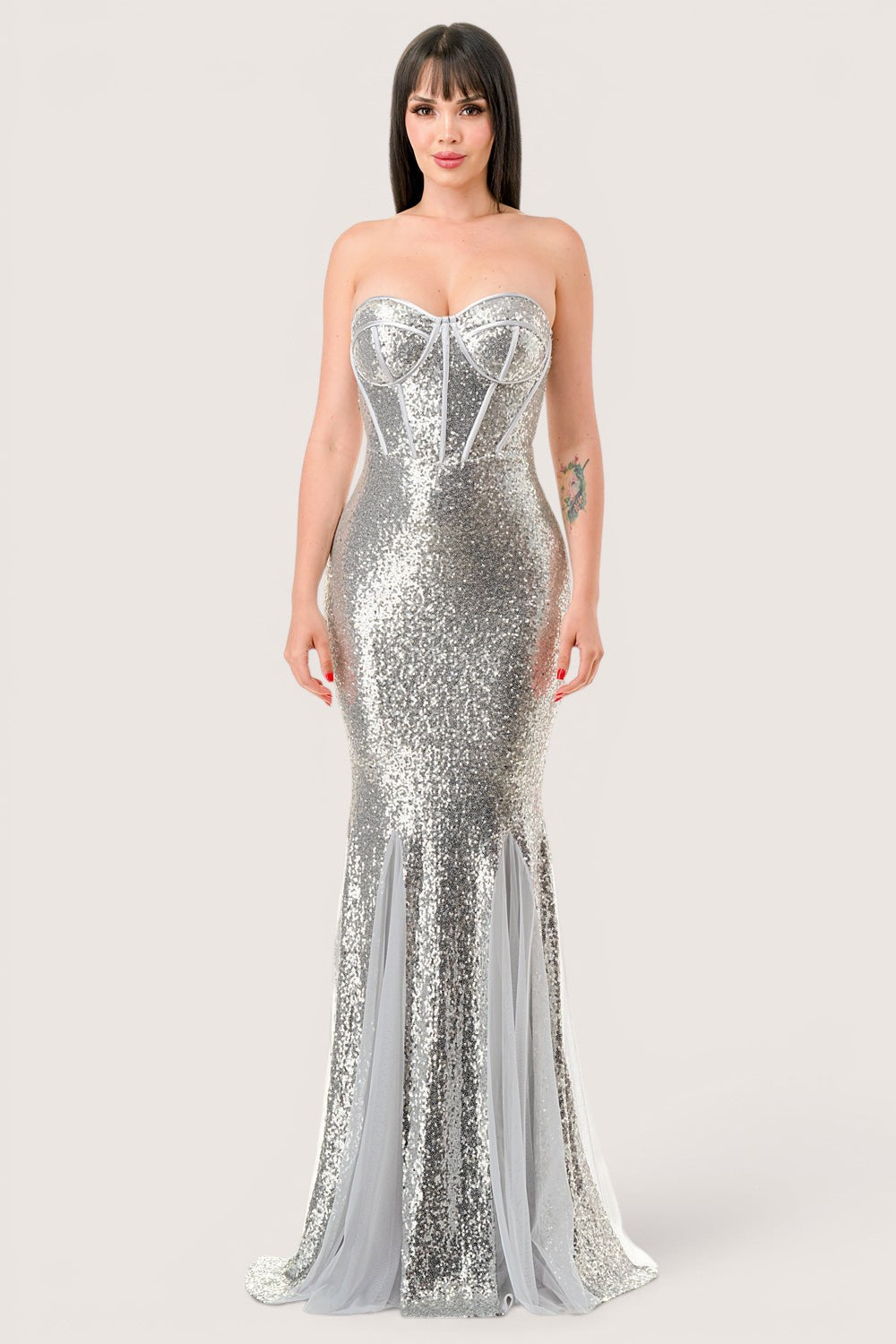 Vestido  sirena Con bustier Con Lentejuela plata