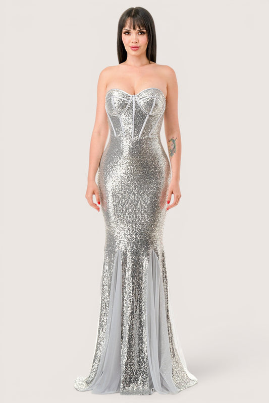 Vestido  sirena Con bustier Con Lentejuela plata