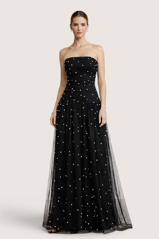 Vestido Largo Strapless de Tul con Perlas