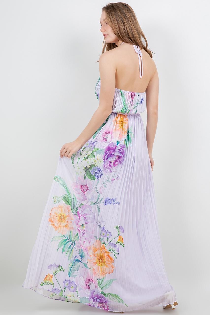 Vestido largo plisado halter floral