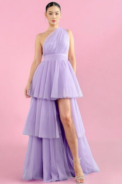 Vestido Largo Tul corto largo Falda Capas un hombro lila