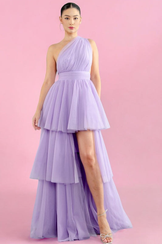 Vestido Largo Tul corto largo Falda Capas un hombro lila