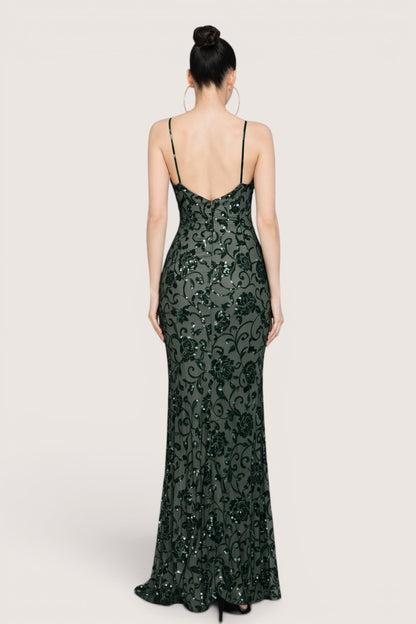 Vestido Largo Verde Olivo con Bordado Floral y Lentejuela