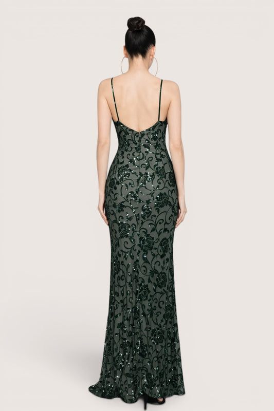 Vestido Largo Verde Olivo con Bordado Floral y Lentejuela
