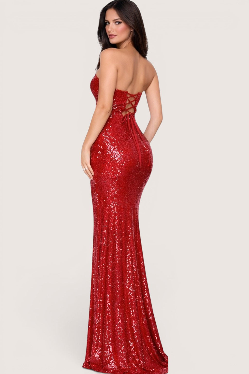 Vestido Largo Rojo con Lentejuela Strapless y Abertura