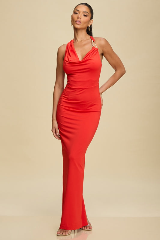Vestido Largo Rojo Escote Drapeado con Espalda Cruzada