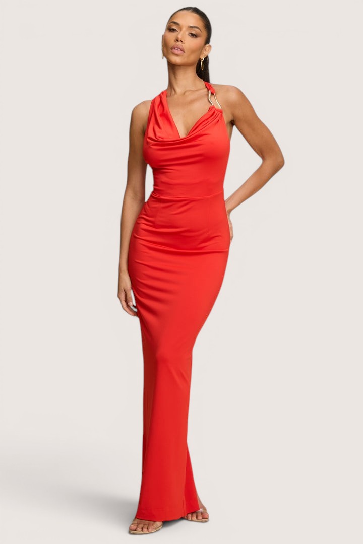 Vestido Largo Rojo Escote Drapeado con Espalda Cruzada