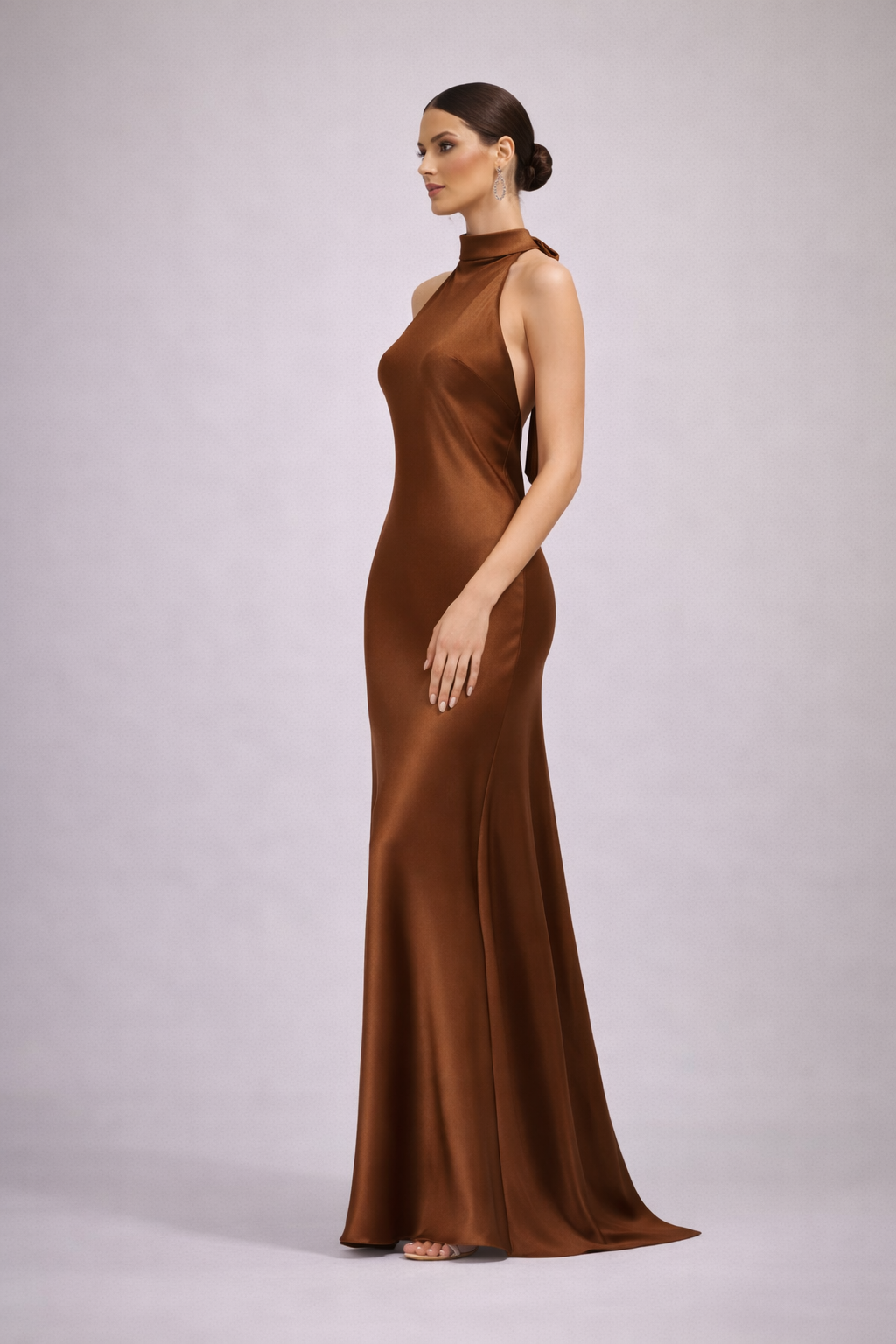 Vestido Largo Halter Satinado Café