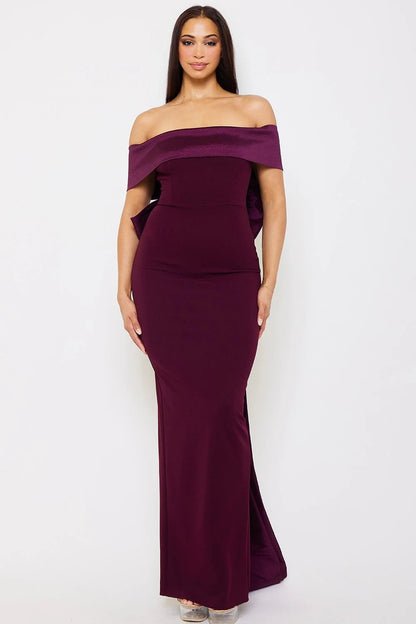 Vestido Largo Medio Hombro Con Moño Vino