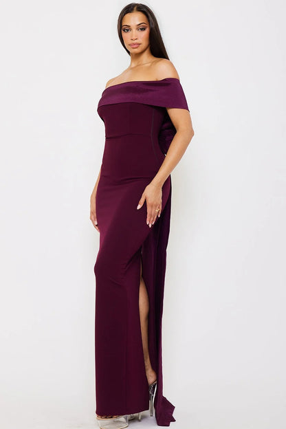 Vestido Largo Medio Hombro Con Moño Vino