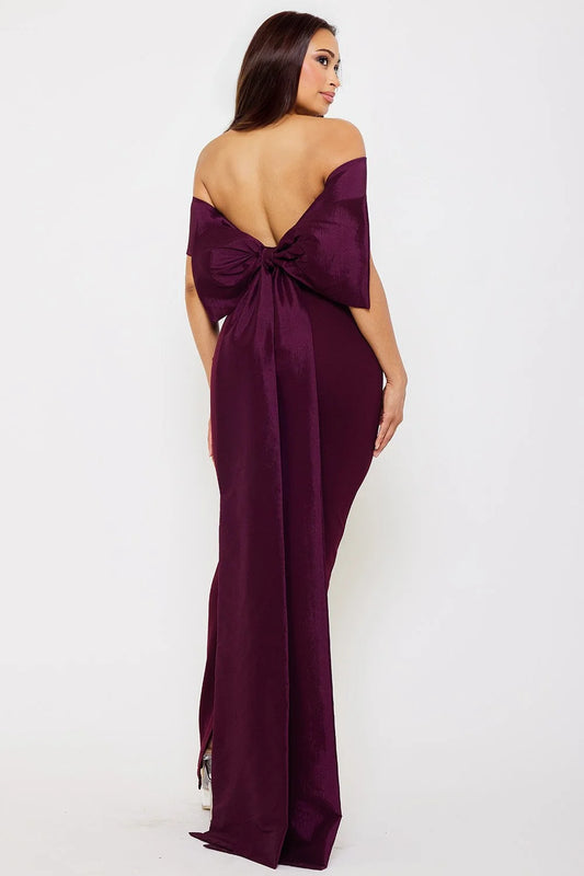 Vestido Largo Medio Hombro Con Moño Vino