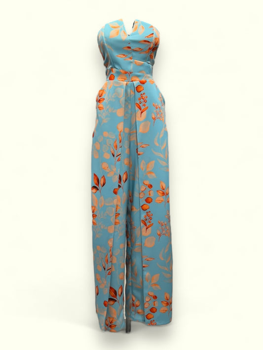 Jumpsuit aberturas strapless azul flores naranja