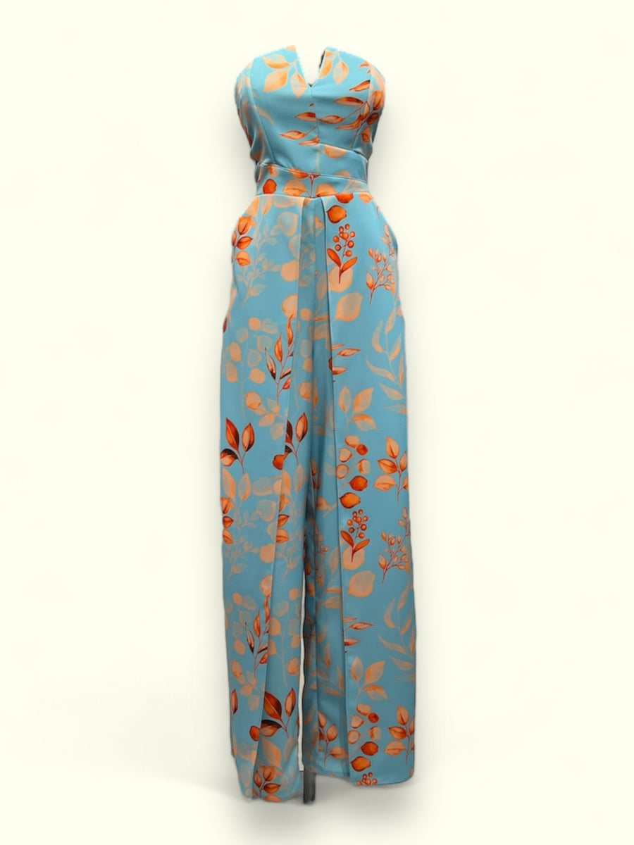 Jumpsuit aberturas strapless azul flores naranja