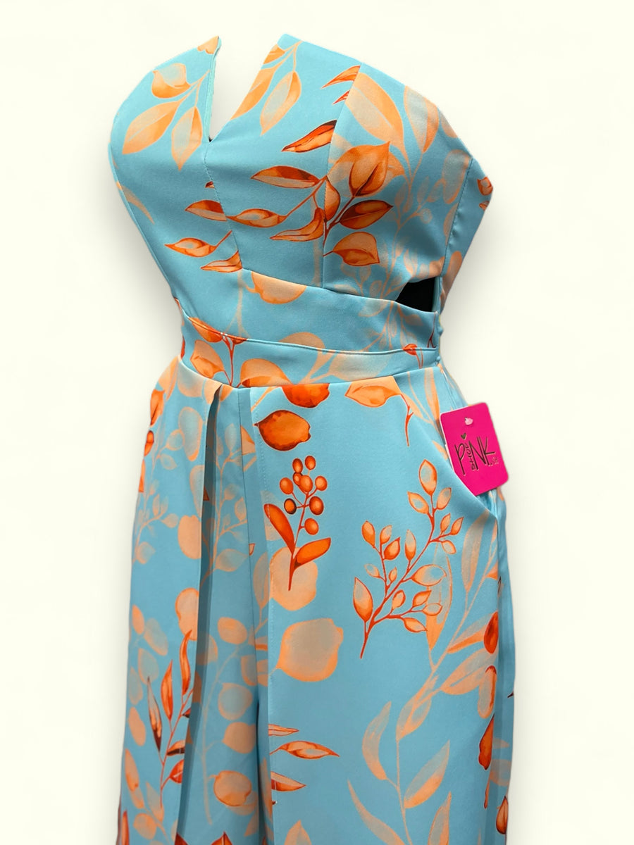 Jumpsuit aberturas strapless azul flores naranja