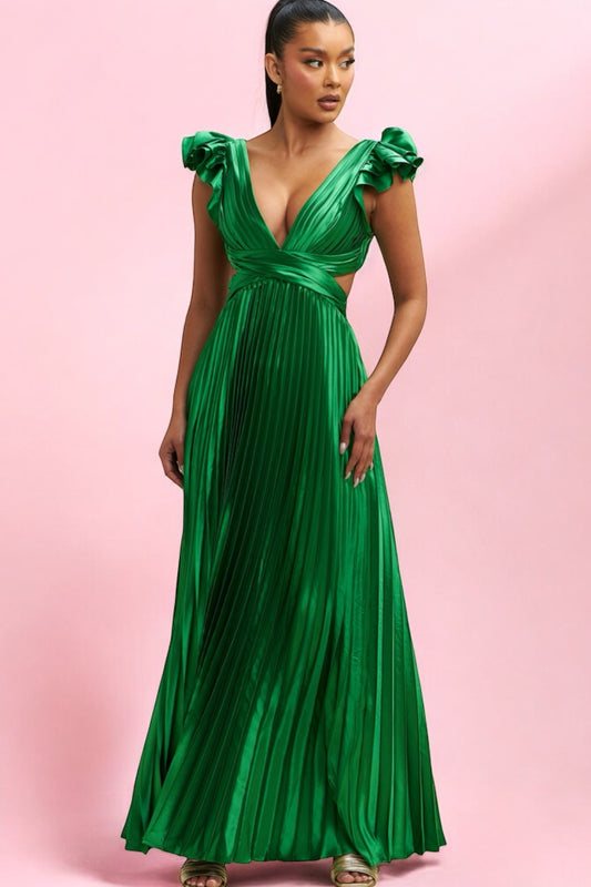 Vestido Largo Plisado Escote V verde Bandera