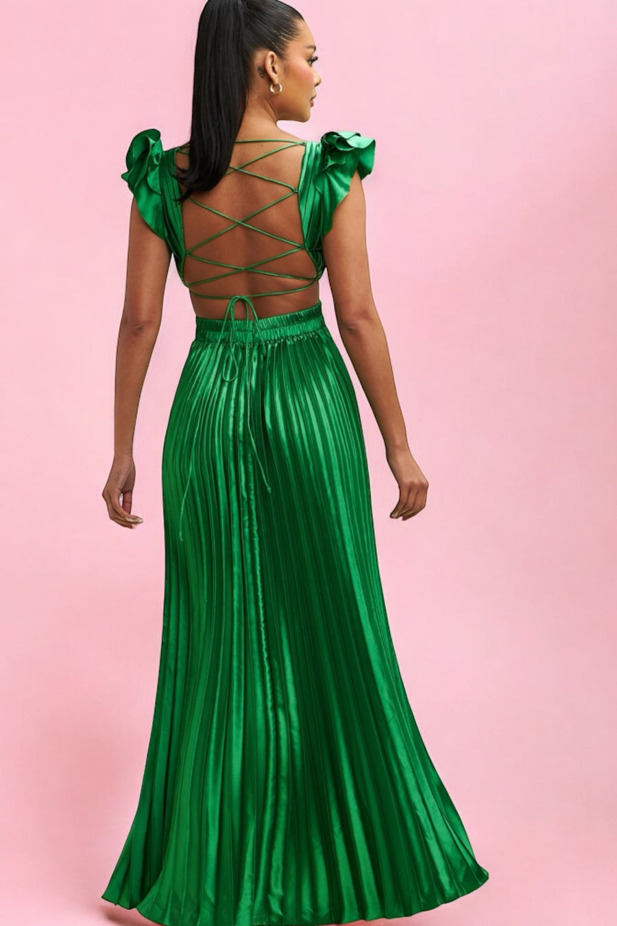 Vestido Largo Plisado Escote V verde Bandera