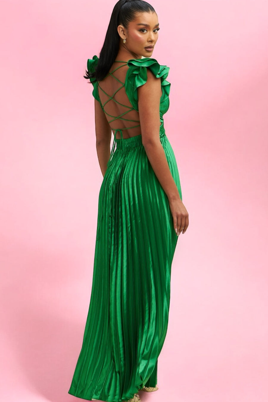 Vestido Largo Plisado Escote V verde Bandera