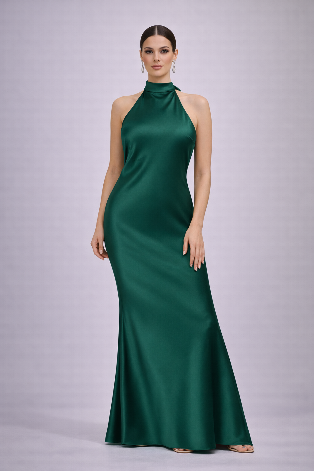 Vestido Largo Halter Satinado Esmeralda