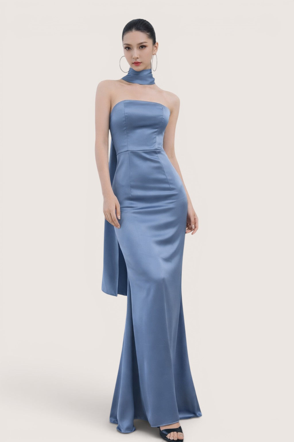 Vestido Largo azul cielo Strapless con Bufanda Integrada