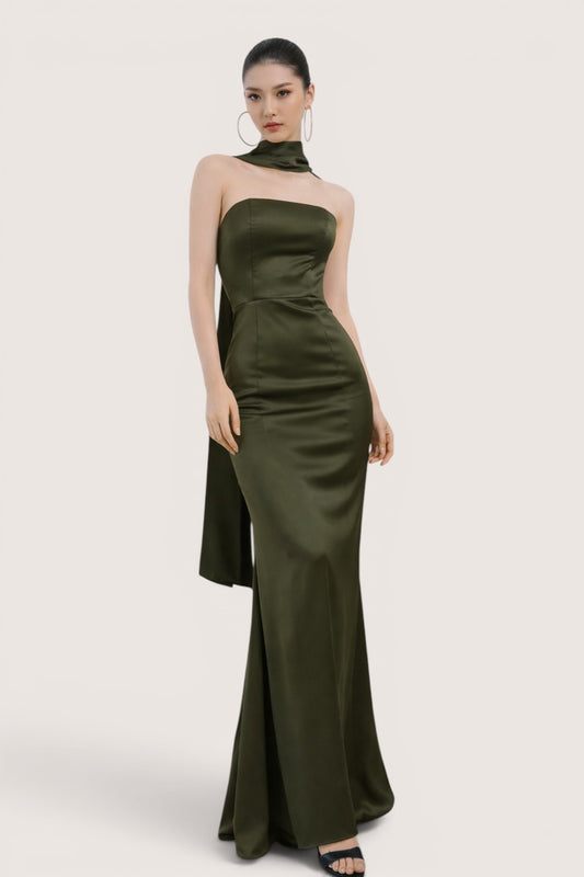 Vestido Largo Olivo Strapless con Bufanda Integrada