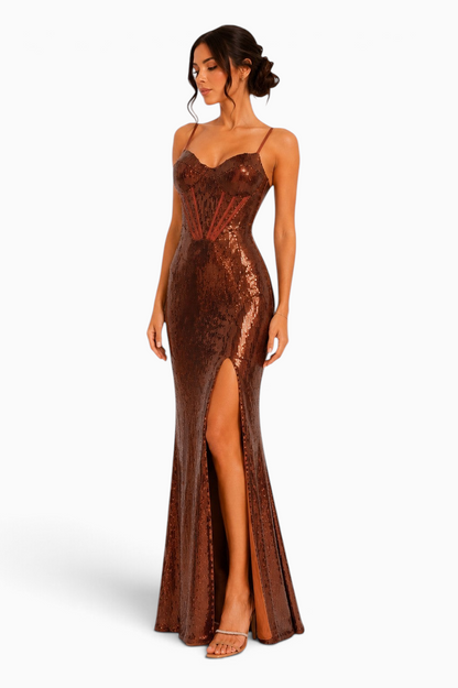 Pink shop by maf Aurora Copper sequin gown featuring a structured corset bodice, side slit, and body-hugging fit.
