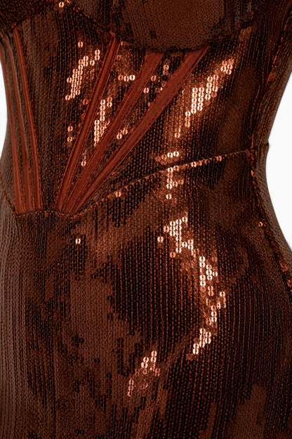 Pink shop by maf Aurora Copper sequin corset dress with visible boning and deep metallic bronze finish