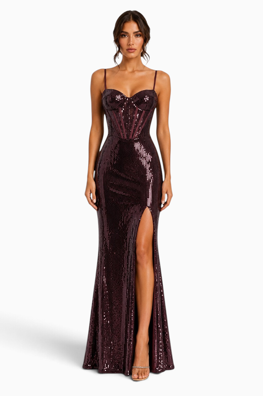 Pink shop by maf bordeaux sequin corset gown with structured bodice, thin straps, and a high side slit for formal wear