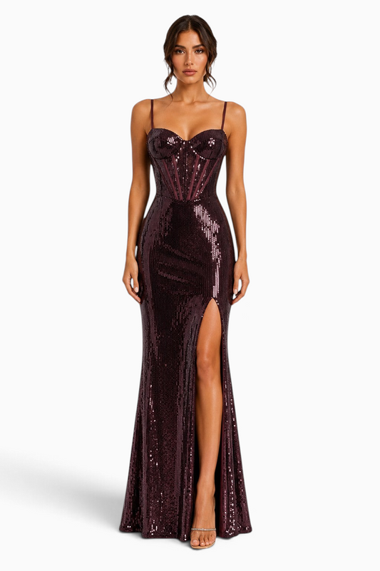 Pink shop by maf bordeaux sequin corset gown with structured bodice, thin straps, and a high side slit for formal wear