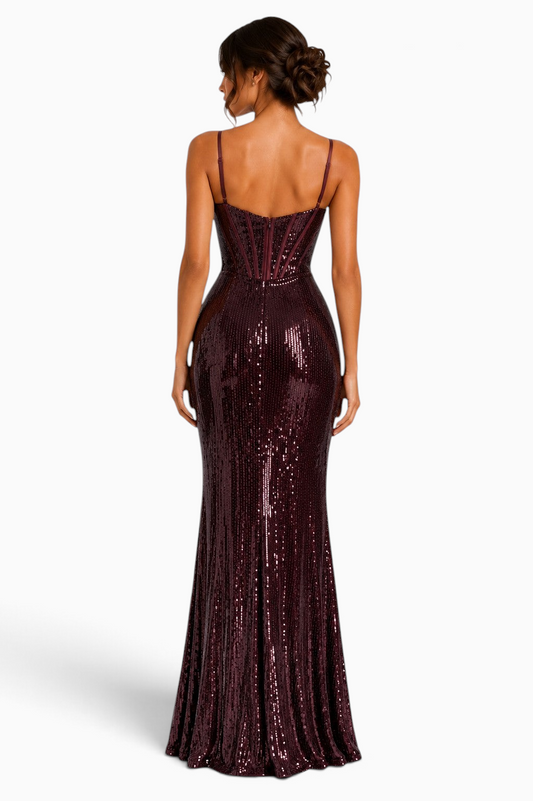 Back view of a Pink shop by maf bordeaux sequin corset evening gown with adjustable straps and a fitted silhouette.