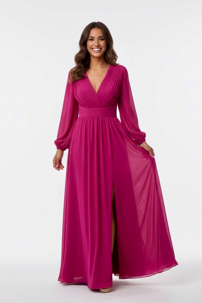 Vestido de Fiesta Largo con Escote en V Manga Larga y Abertura