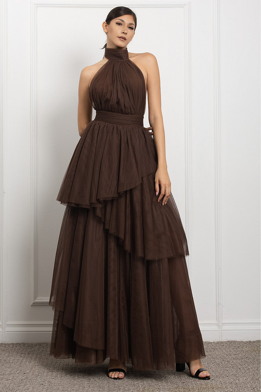 Vestido Largo Tul halter Falda Capas Cafe