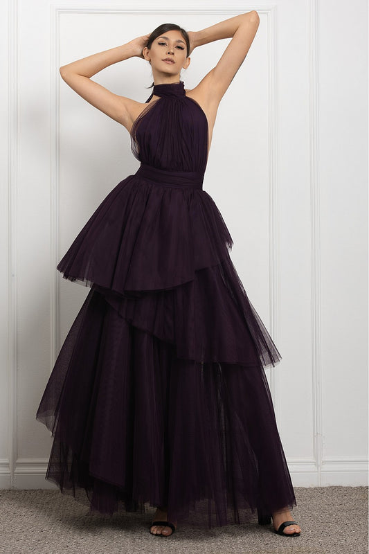 Vestido Largo Tul halter Falda Capas Uva PREVENTA