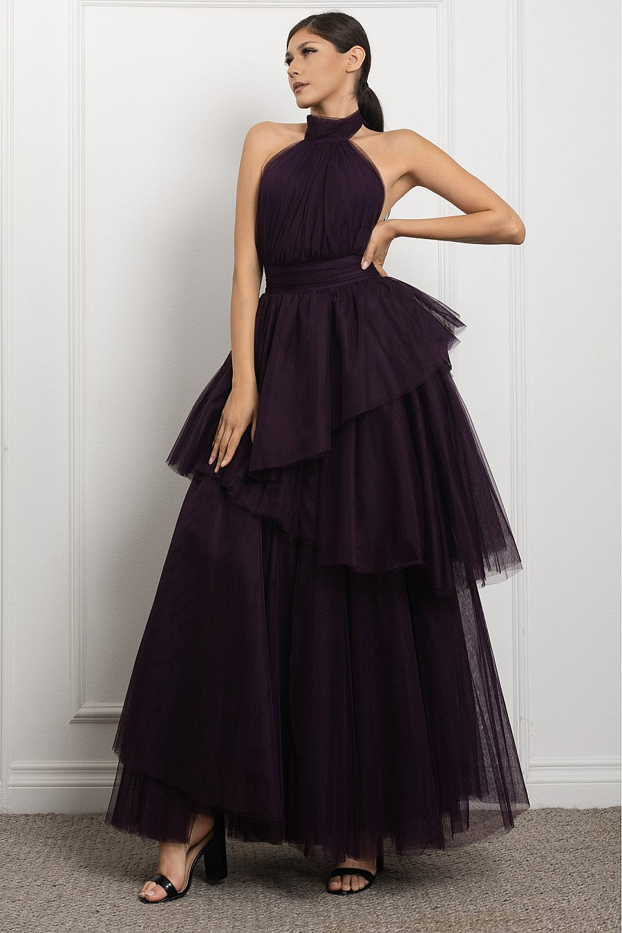 Vestido Largo Tul halter Falda Capas Uva PREVENTA